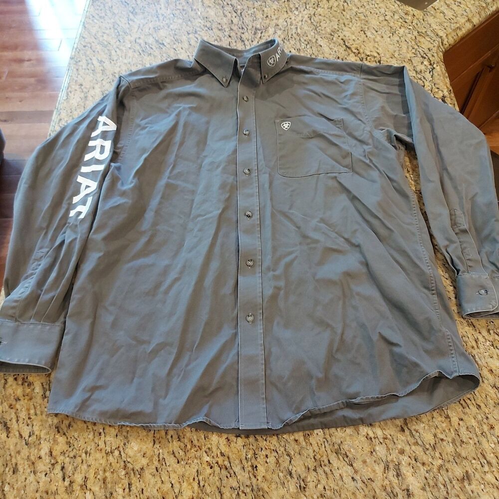 ARIAT Team Logo Twill Long Sleeve Button Up Shirt Gray Men's Large Embroidered